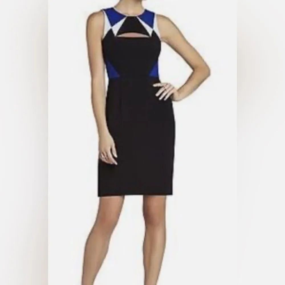 BCBGMaxAzria Geometric Cutout Cocktail Dress Black Blue Sleeveless Tailored 4